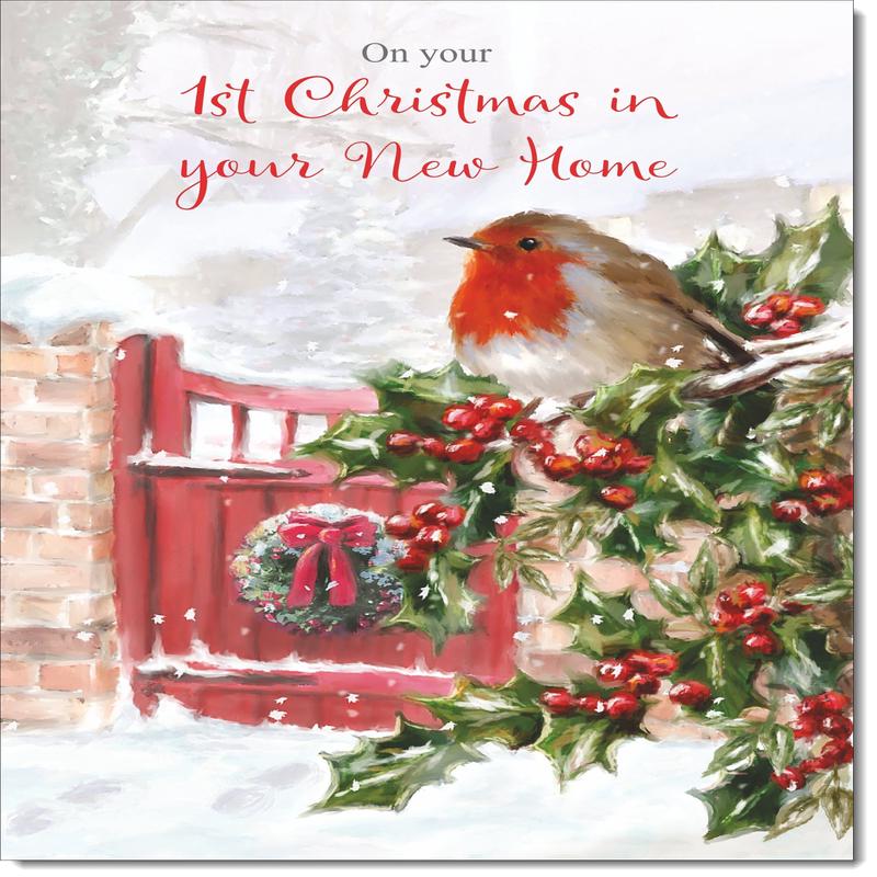 1st Christmas in New Home Card Robin on Holly Tree