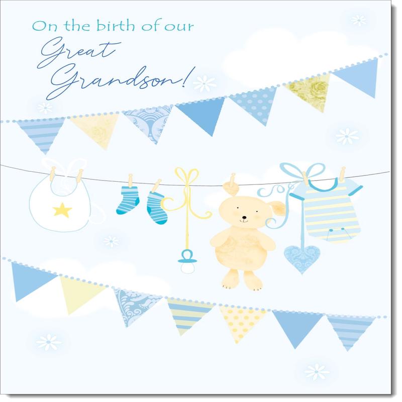On The Birth Of Our Great Grandson New Baby Boy Congratulations Card Washline