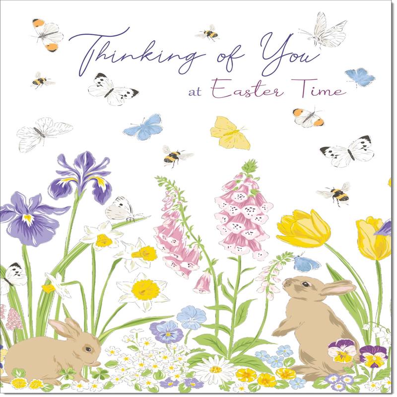 Thinking Of You Easter Card Spring Flowers with Bunnies