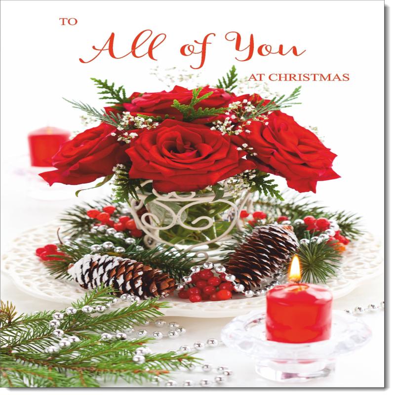 To All Of You Christmas Card Red Roses Christmas Arrangement