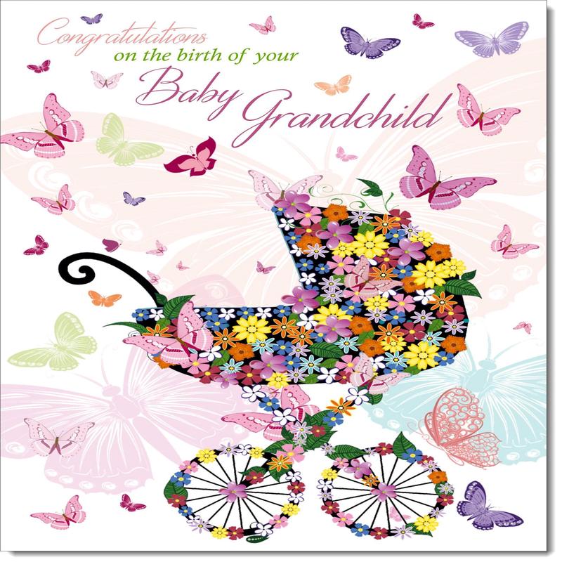 On The Birth Of Your Grandchild New Baby Congratulations Card Butterfly Pram