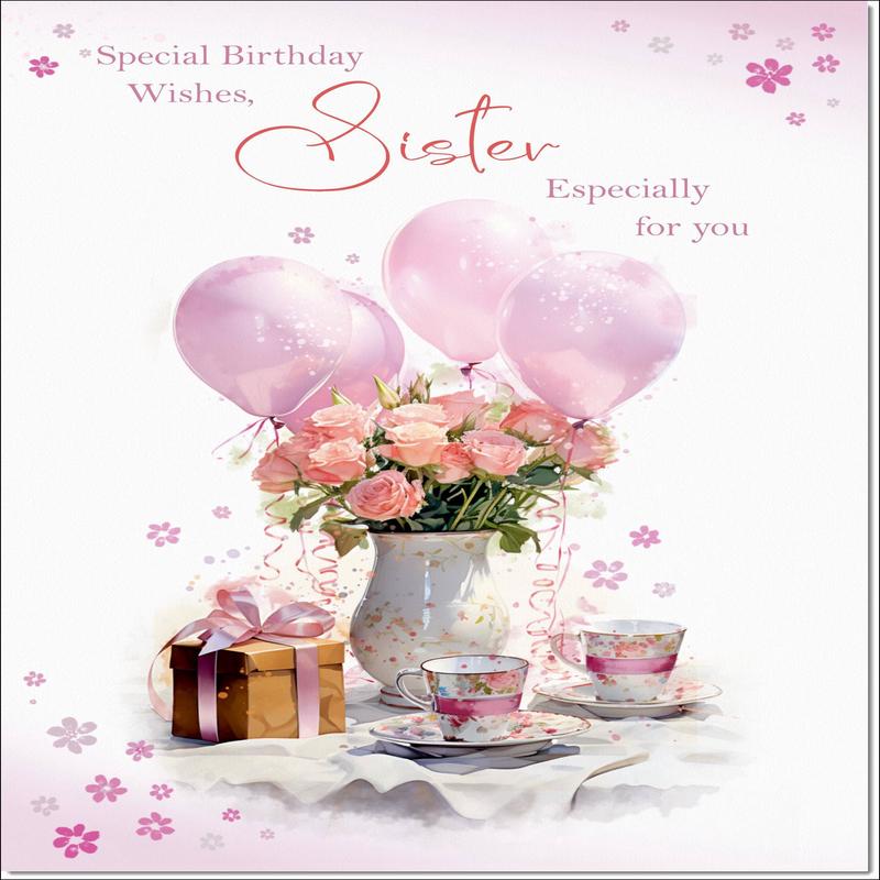 Sister Birthday Card Tea Party and Balloons