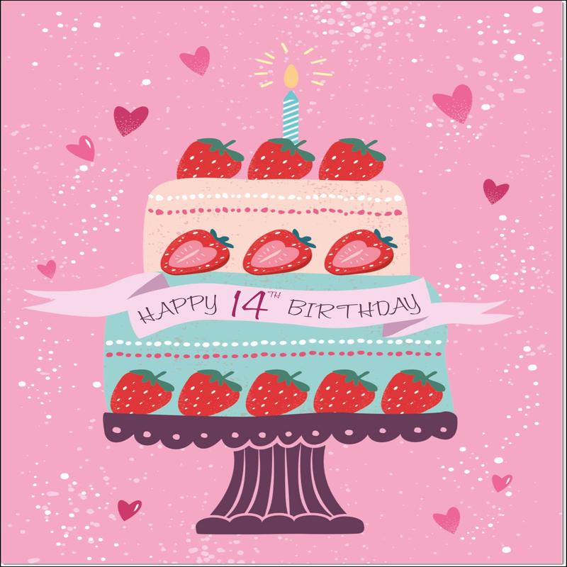 14th Birthday Card Age 14 for Girl Strawberry Cake