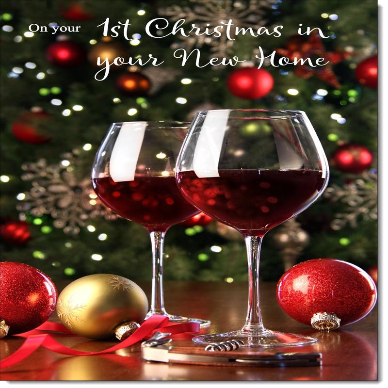 1st Christmas in New Home Card Red Wine Glasses