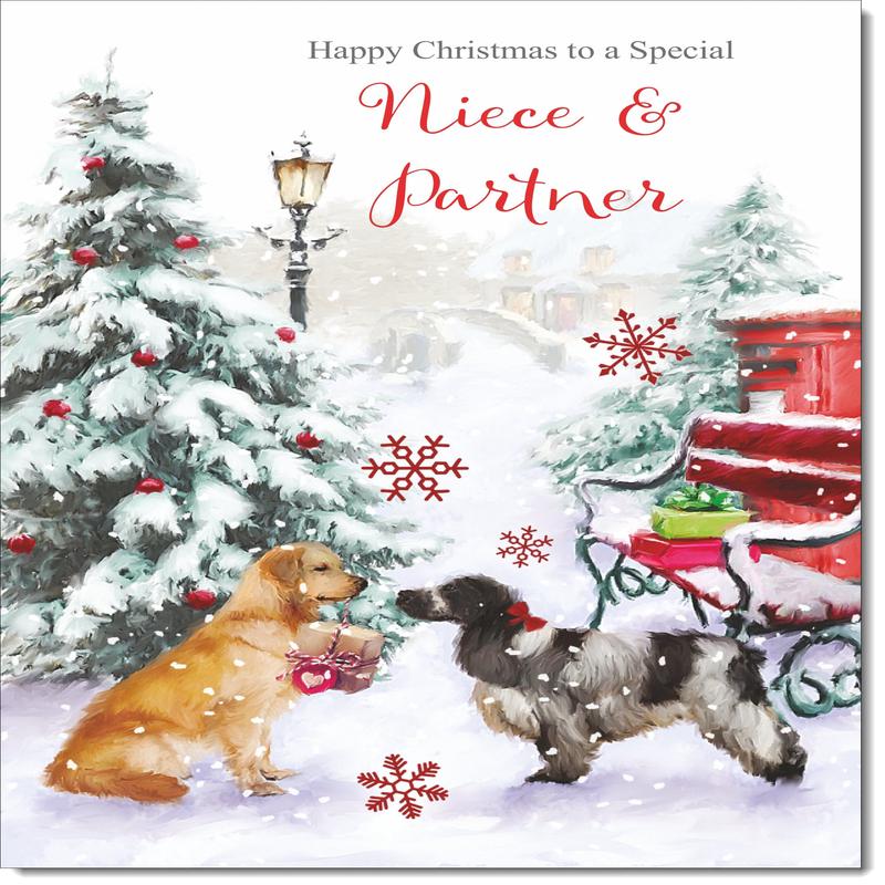 Niece & Partner Christmas Card Two Dogs in Snow