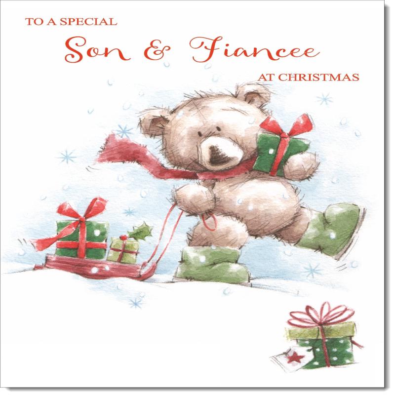 Son & Fiancee Christmas Card Cute Bear with Sled