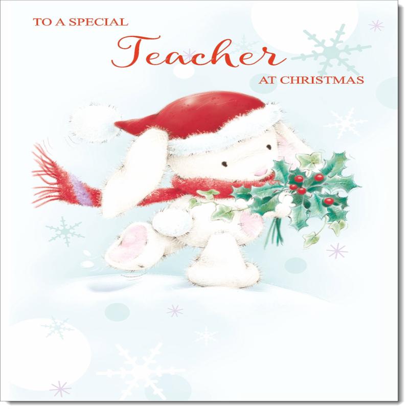 Teacher Christmas Card Cute Rabbit with Holly