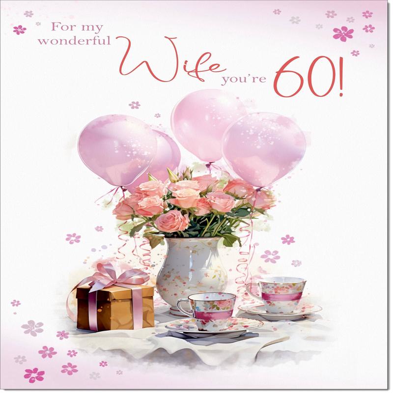 Wife 60th Birthday Card Age 60 Tea Party and Balloons