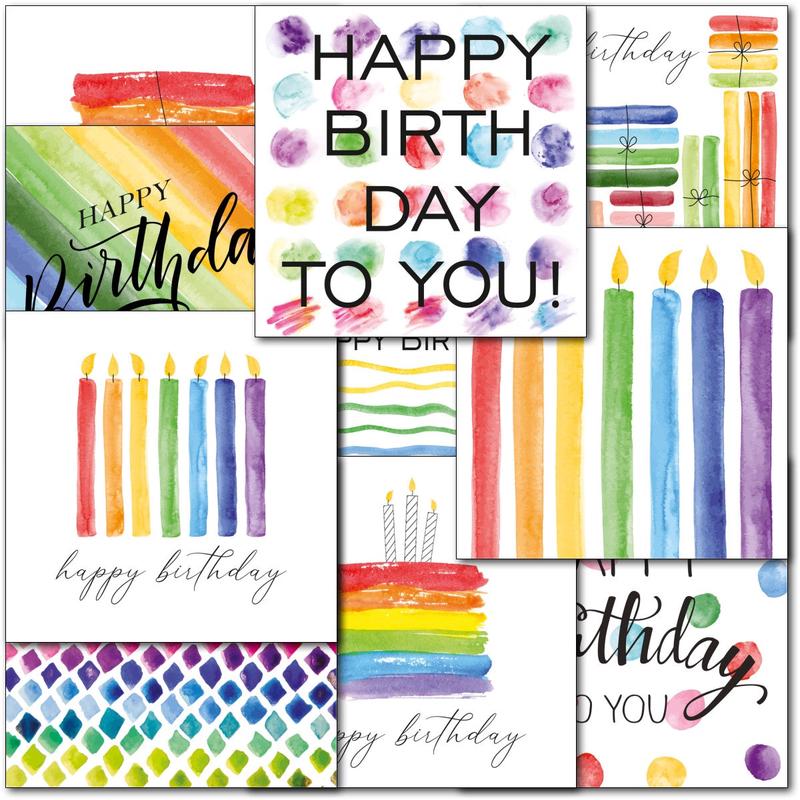 Pack of 60 Mixed C60 Square Watercolour Bright Happy Birthday Cards - Male, Female, Adults, Children, Boys, Girls