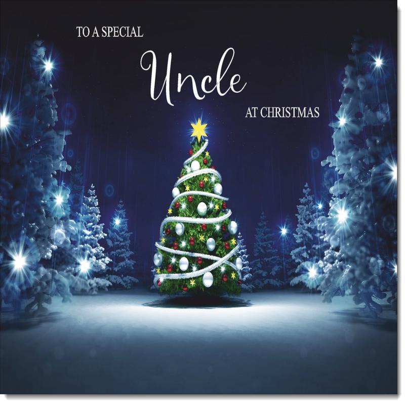 Uncle Christmas Card Christmas Tree Lights in Dark Sky