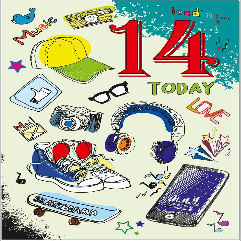 14th Birthday Card Age 14 for Boy Funky Icons