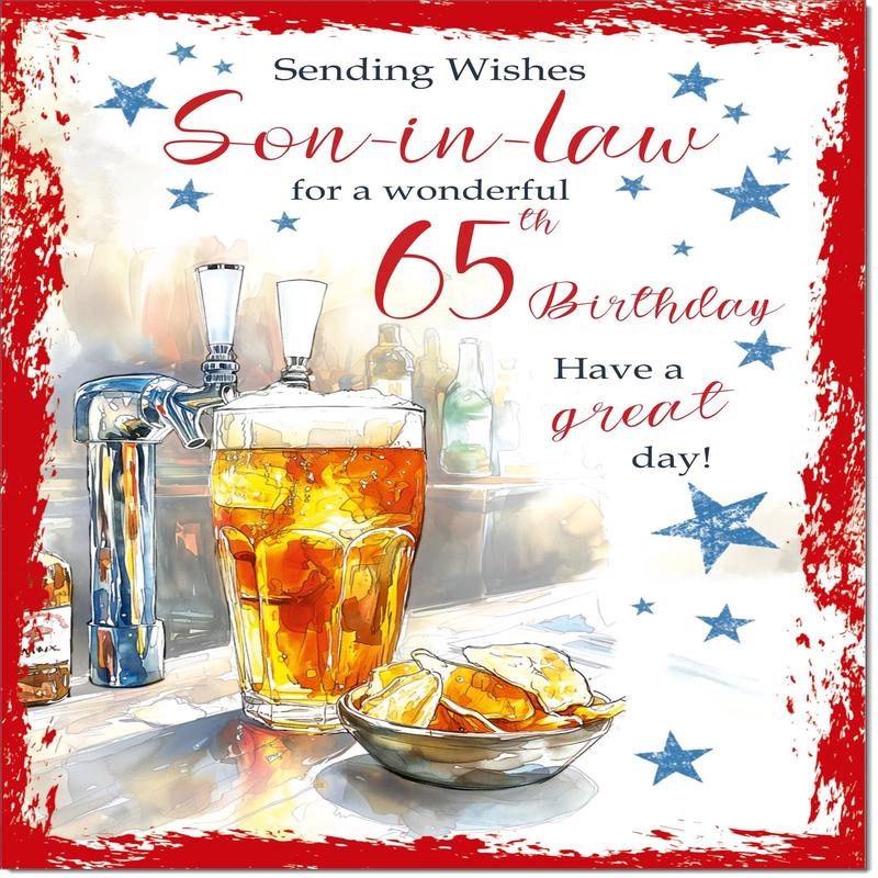 Son-in-Law 65th Birthday Card Age 65 Beer and Crisps
