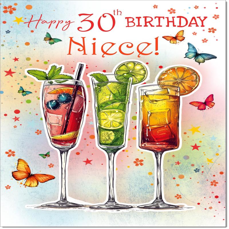 Niece 30th Birthday Card Age 30 Cocktails and Butterflies