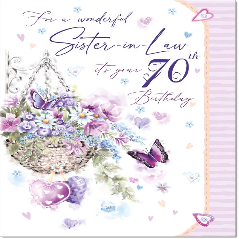 Sister-in-Law 70th Birthday Card Age 70 Purple Hanging Basket