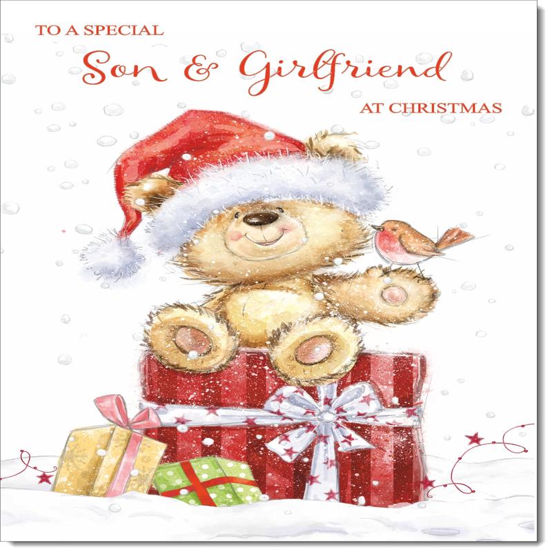 Son & Girlfriend Christmas Card Cute Bear on Parcel