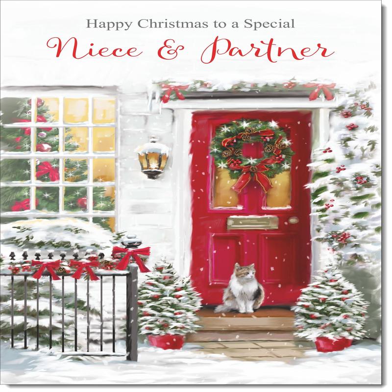 Niece & Partner Christmas Card Cat by Snowy Red Door