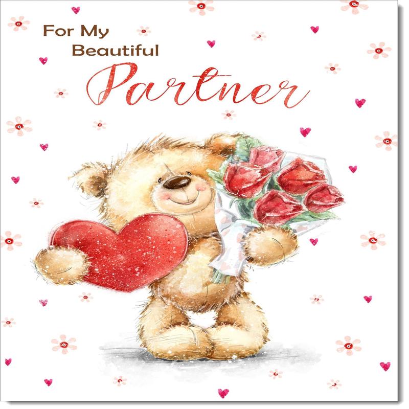 Partner Birthday Card for Her Teddy with Love Heart and Flowers