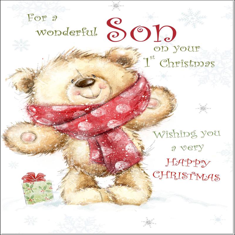 Sons 1st Christmas Card Teddy Bear With Red Scarf