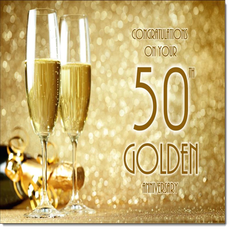 Your Golden 50th Wedding Anniversary Card Champagne Bottle and Glasses