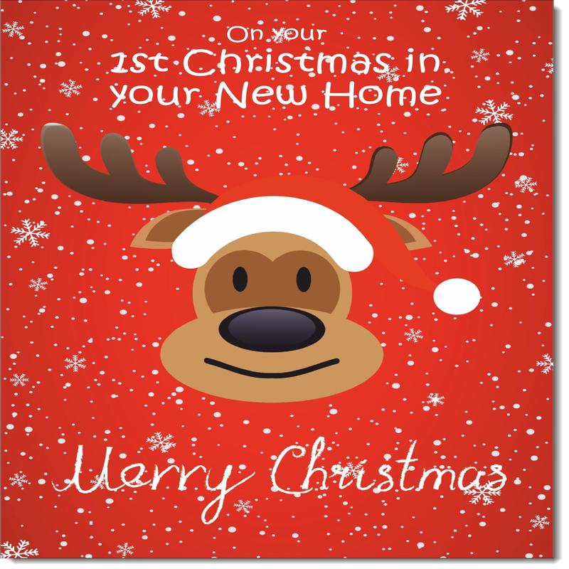 1st Christmas in New Home Card Rudolph on Red Background