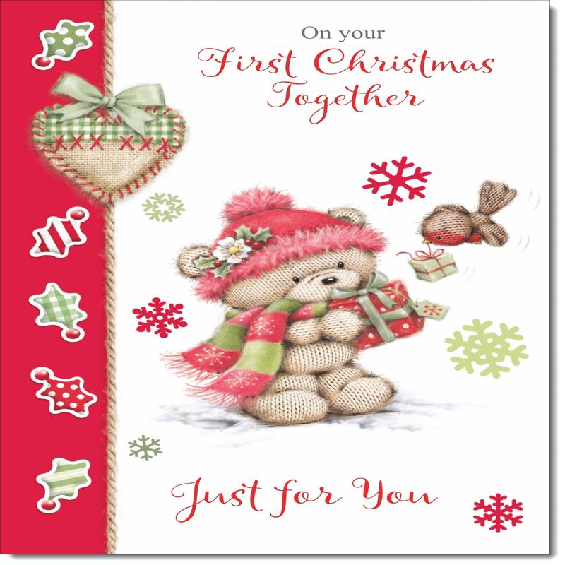1st Together Christmas Card Cute Bear in Pink Bobble Hat