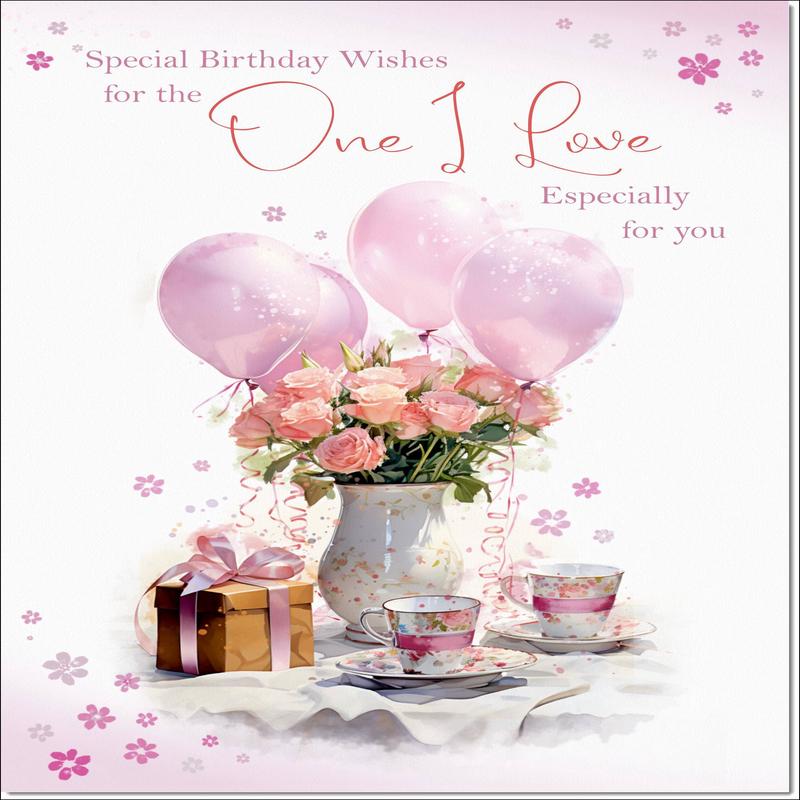One I Love Birthday Card for Her Tea Party and Balloons