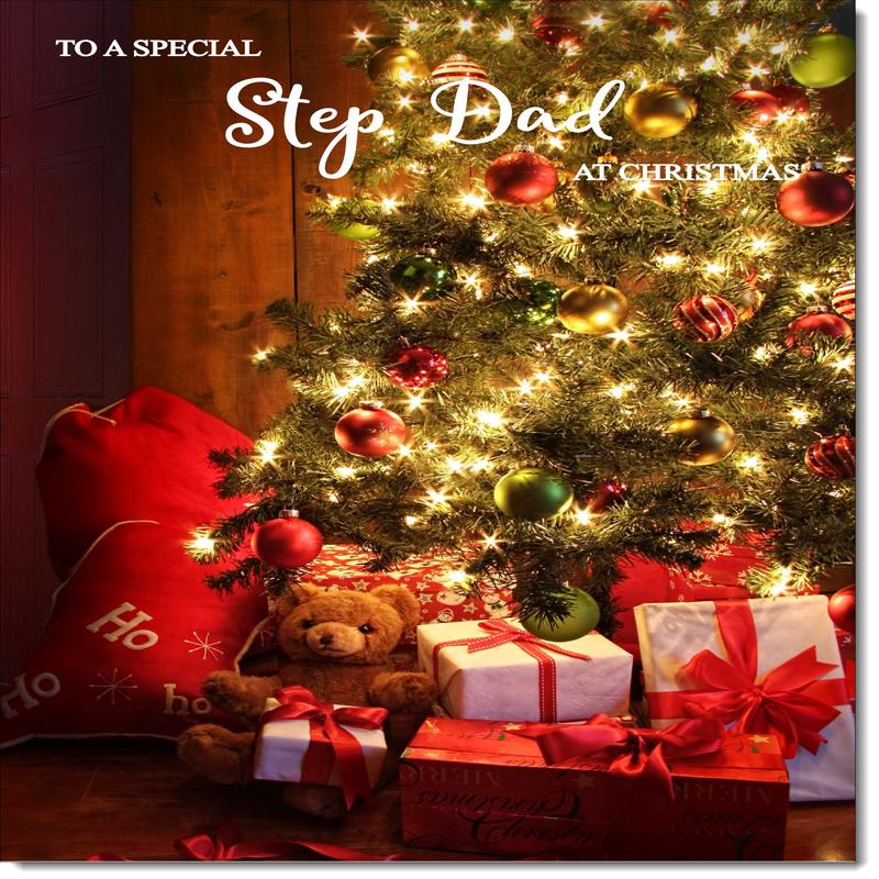 Stepdad Christmas Card Teddy by Christmas Tree