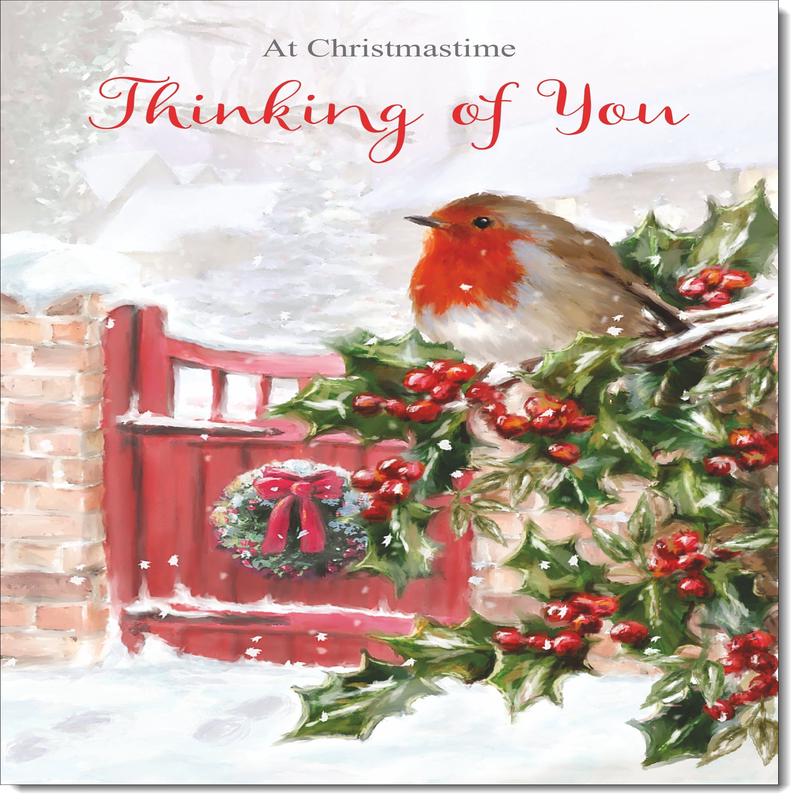 Thinking Of You Christmas Card Robin on Holly Tree
