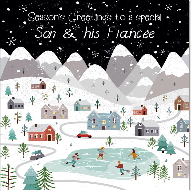 Son & Fiancee Christmas Card Mountain Scene In Snowy Village