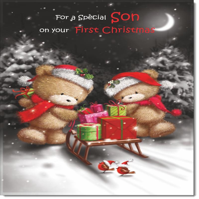 Sons 1st Christmas Card Cute Bears at Night
