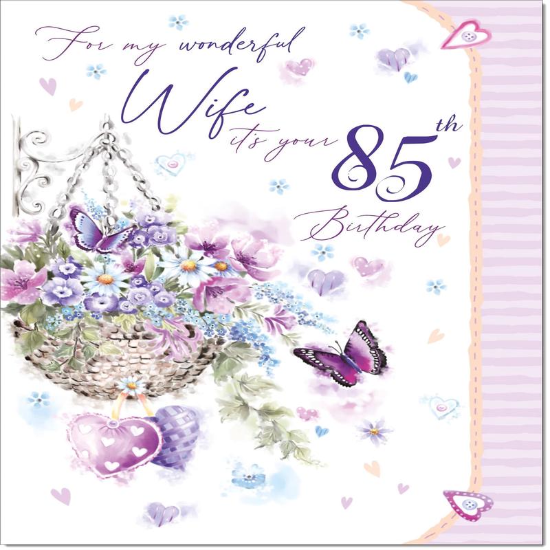 Wife 85th Birthday Card Age 85 Purple Hanging Basket