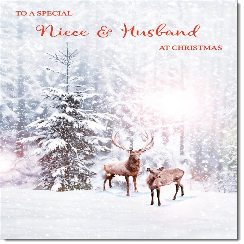 Niece & Husband Christmas Card Stag and Doe in Snowy Forest