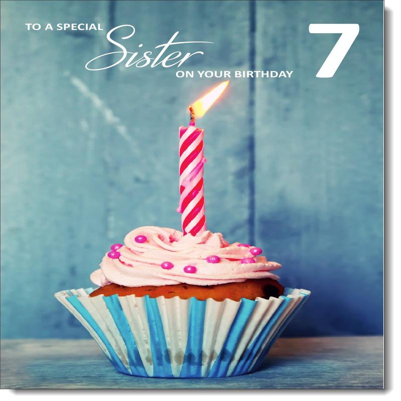 Sister 7th Birthday Card Age 7 Cupcake and Pink Candle