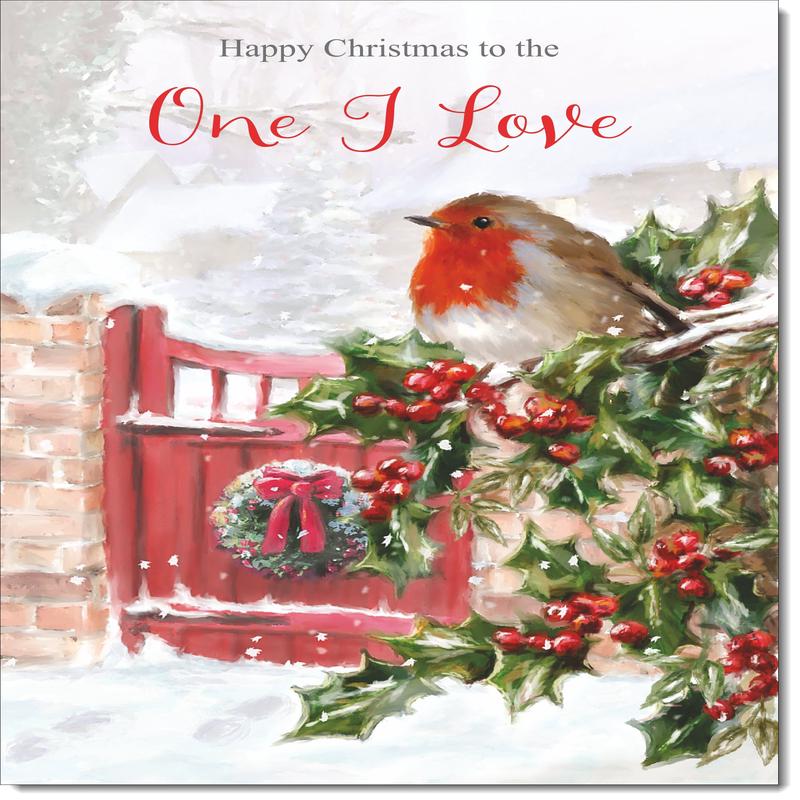 One I Love Christmas Card Robin on Holly Tree