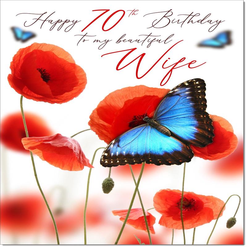 Wife 70th Birthday Card Age 70 Poppies and Blue Butterflies