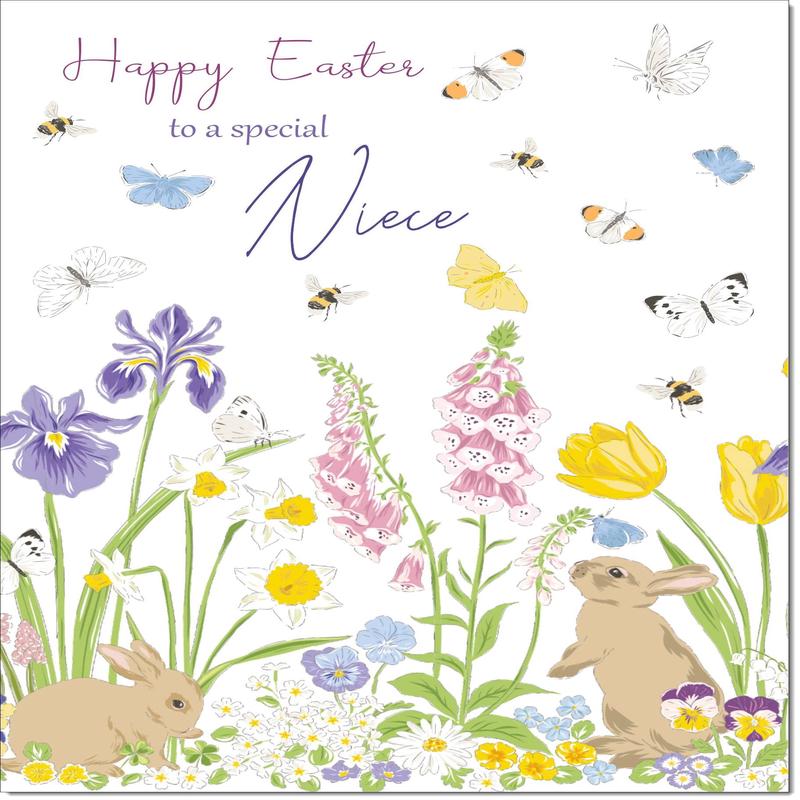 Niece Easter Card Spring Flowers with Bunnies