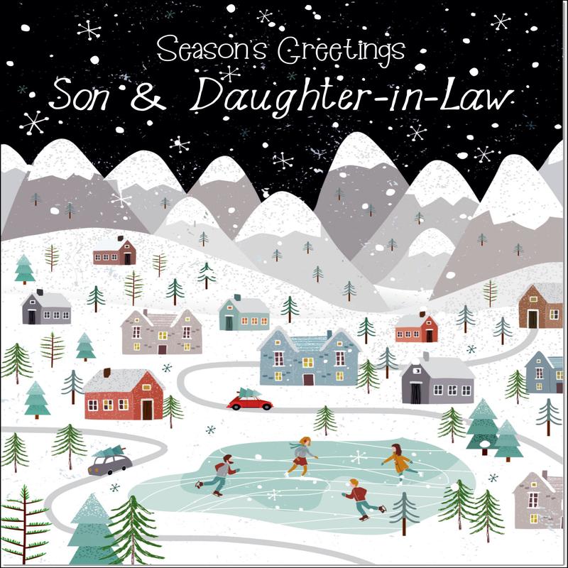 Son & Daughter-in-Law Christmas Card Mountain Scene In Snowy Village