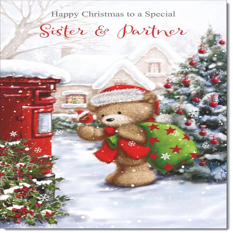 Sister & Partner Christmas Card Cute Bear at Post Box
