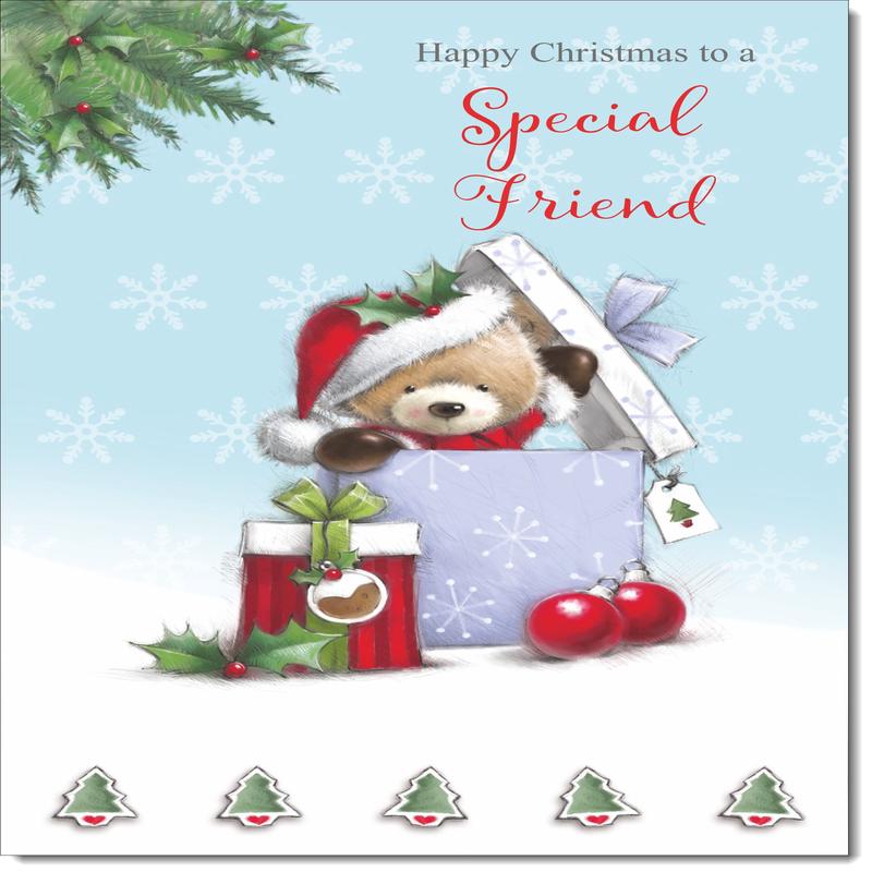 Special Friend Christmas Card Cute Bear in Christmas Parcel