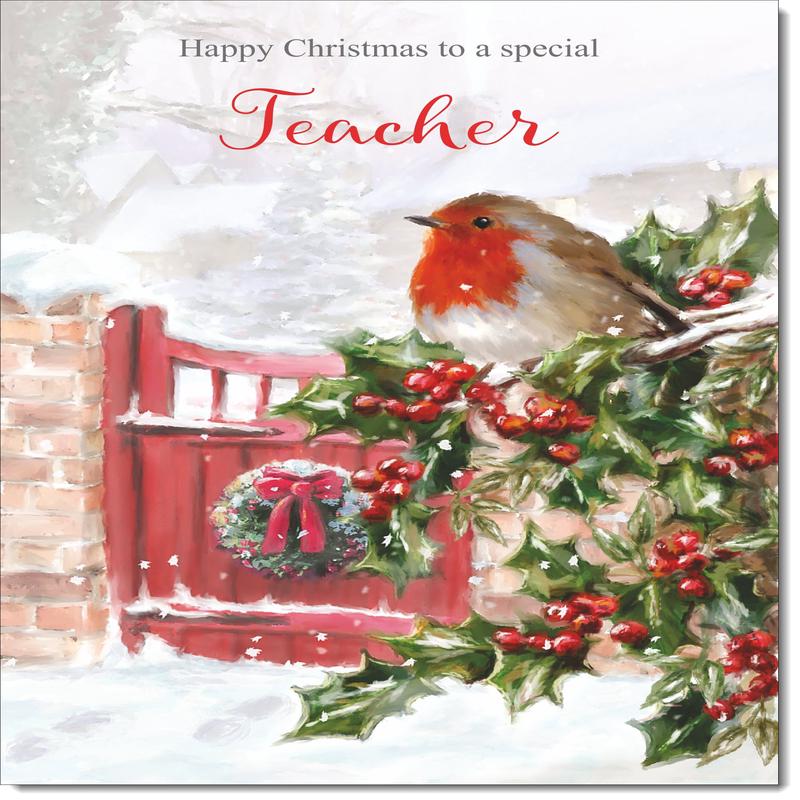 Teacher Christmas Card Robin on Holly Tree