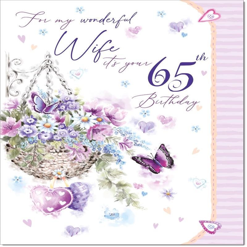 Wife 65th Birthday Card Age 65 Purple Hanging Basket
