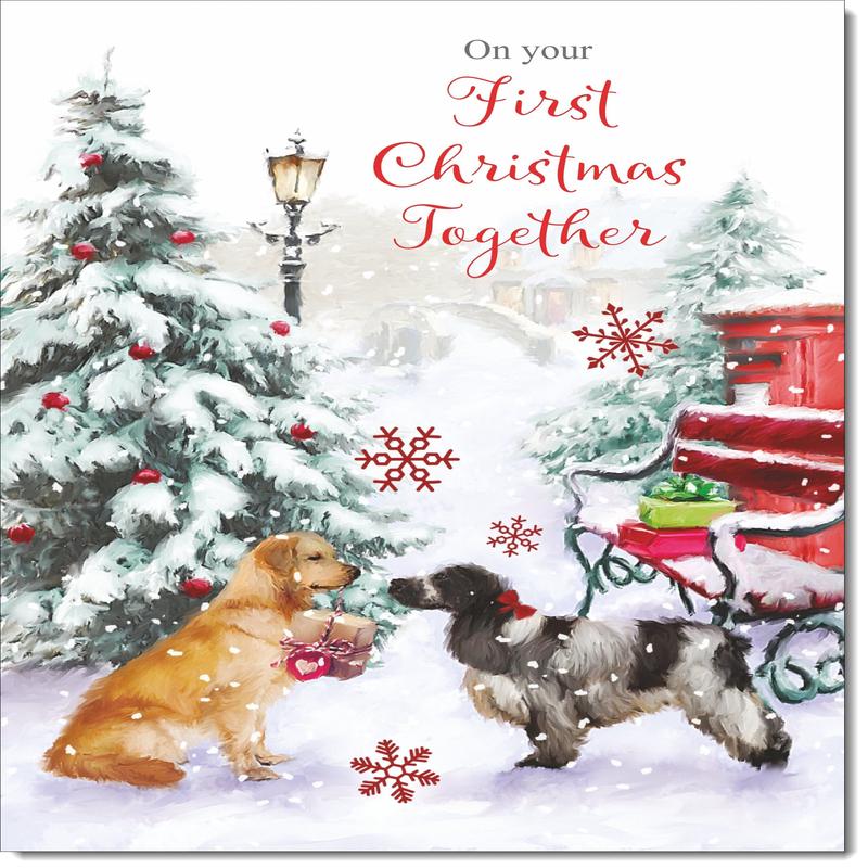 1st Together Christmas Card Two Dogs in Snow