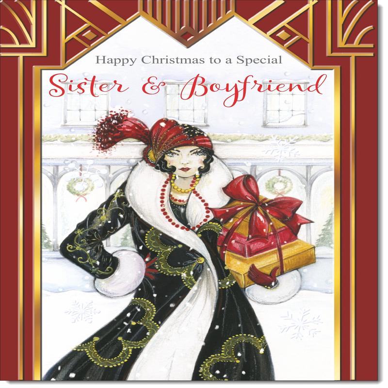Sister & Boyfriend Christmas Card Art Deco Lady with Christmas Gift