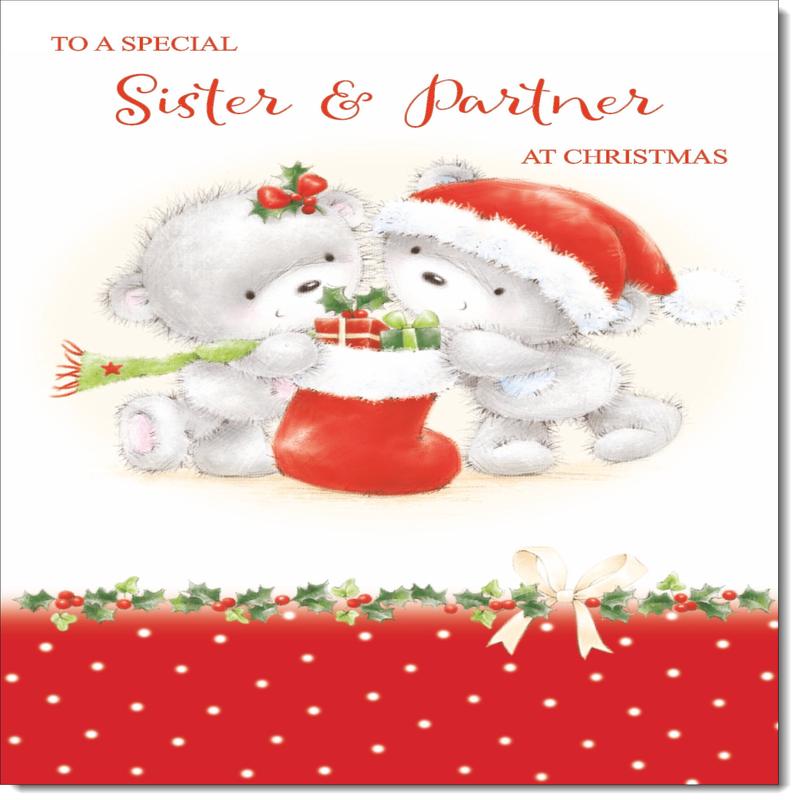 Sister & Partner Christmas Card Cute Bears with Stocking