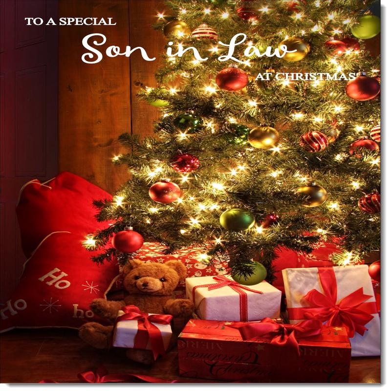 Son-in-Law Christmas Card Teddy by Christmas Tree
