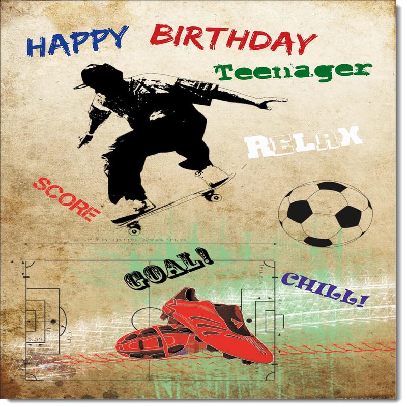 Teenager Birthday Card for Boy Football and Skateboarding