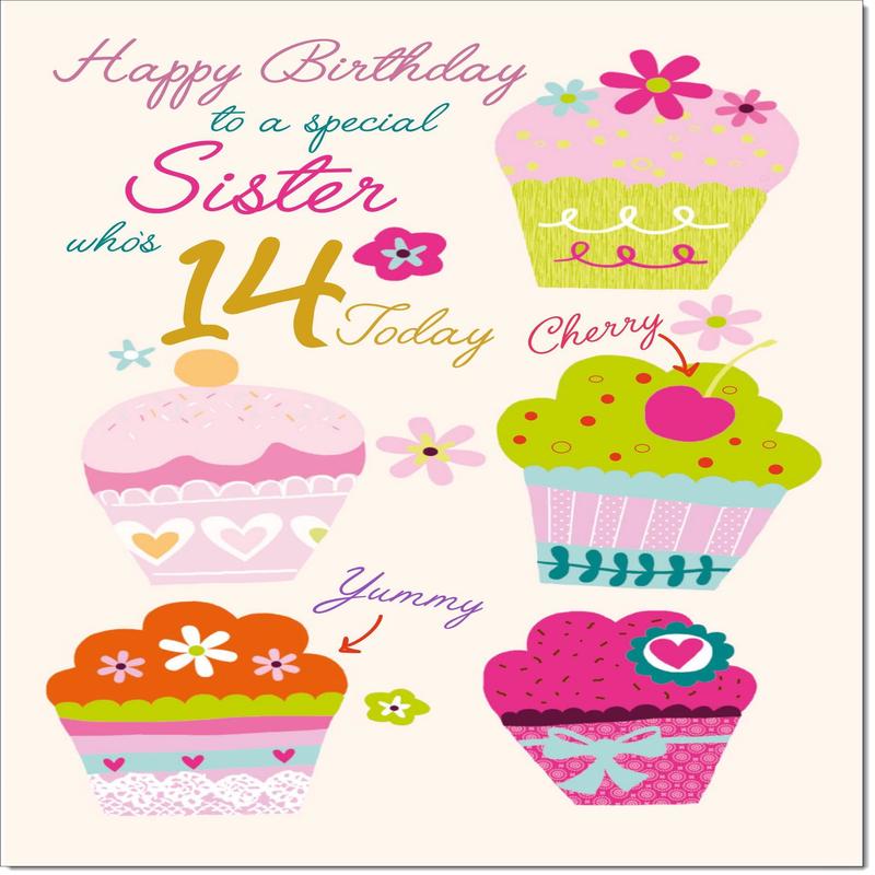 Sister 14th Birthday Card Age 14 Bright Cupcakes