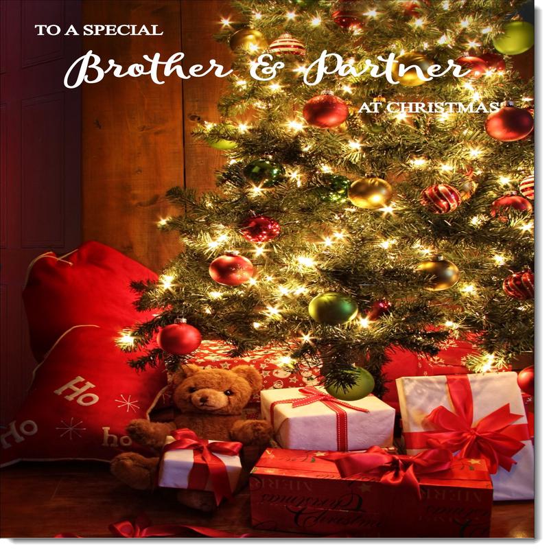 Brother & Partner Christmas Card Teddy by Christmas Tree