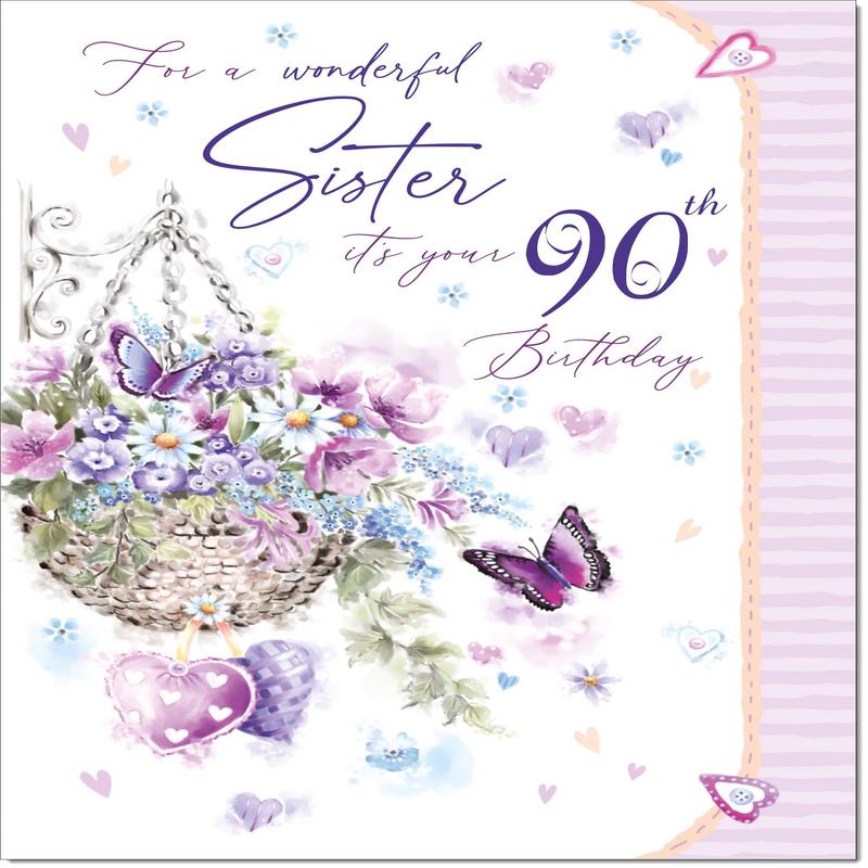 Sister 90th Birthday Card Age 90 Purple Hanging Basket