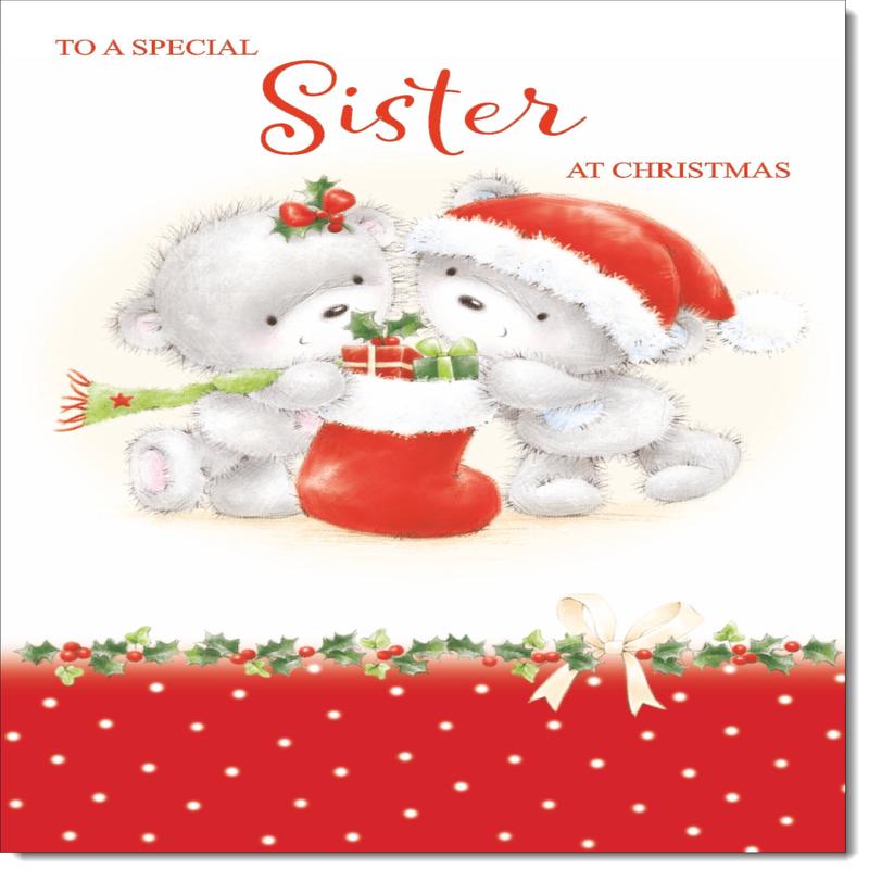 Sister Christmas Card Cute Bears with Stocking